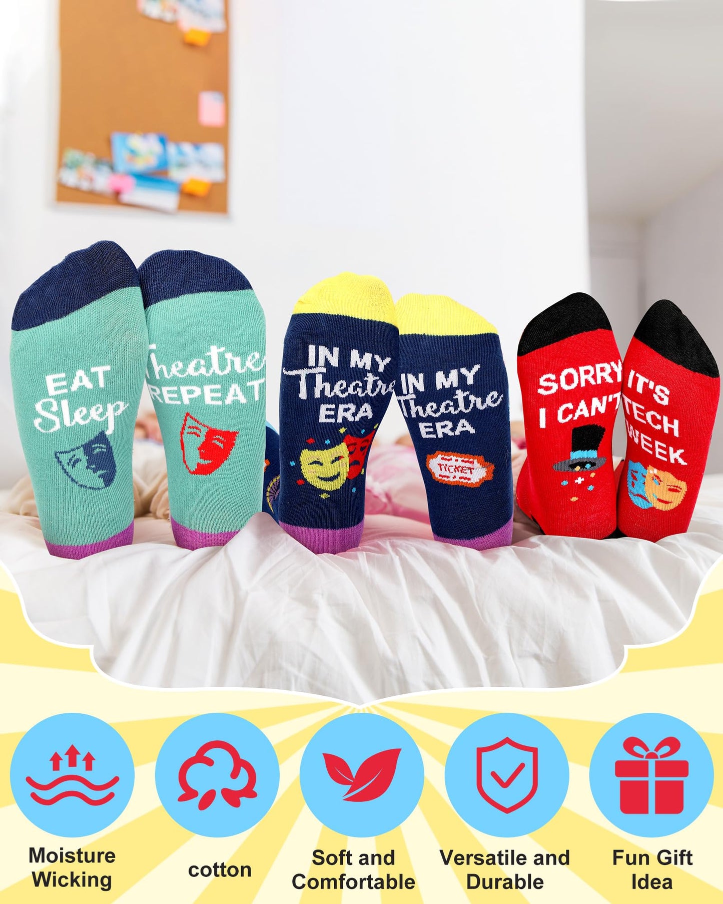 Glitopper 6 Pairs Funny Theatre Socks for Women Musical Theater Gift Crew Cotton Socks Novelty Graduation Gifts for Theatre Lovers