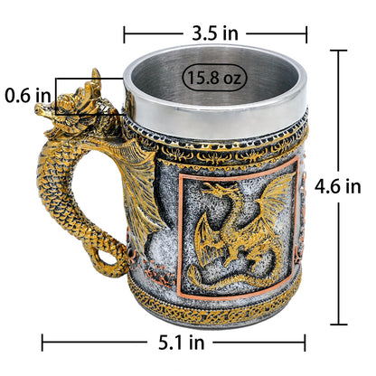 alikiki Medieval D&D Dragon Coffee Mug - 15.8oz Stainless Gold Roaring Dragon Beer Drink Mug for GOT Lovers Collector Ideal Novelty Gothic Father Day Gift Party Decoration