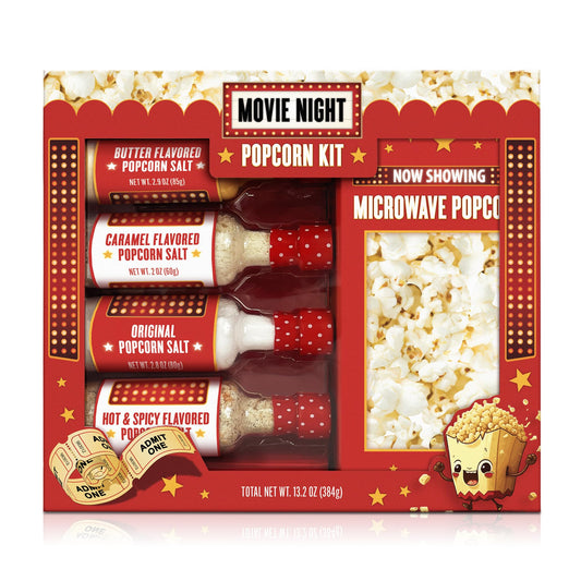 Movie Night Popcorn Kit with Popcorn Seasoning & movie night supplies, Fun Gift Basket for Families, House Warming Gifts New Home, or Birthday