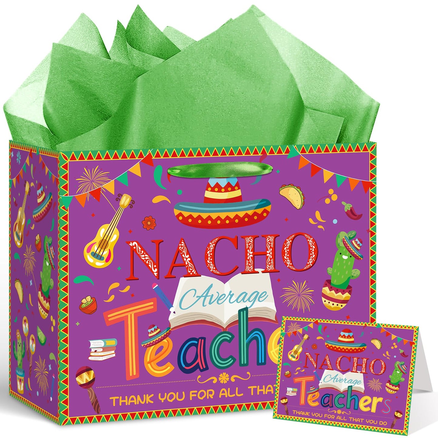 Woosytoo Nacho Average Teacher Appreciation Gift Bag with Wrapping Paper Card Mexican Fiesta Teacher Appreciation Week End of Year Thank You Gifts for Women Men Educators Daycare Tutors Best Presents