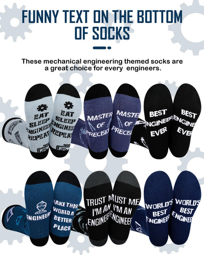 Eurzom 6 Pairs Men's Novelty Engineering Socks Funny Cotton Crew Dress Socks Birthday Father's Day Gift for Engineer Dad Grandpa