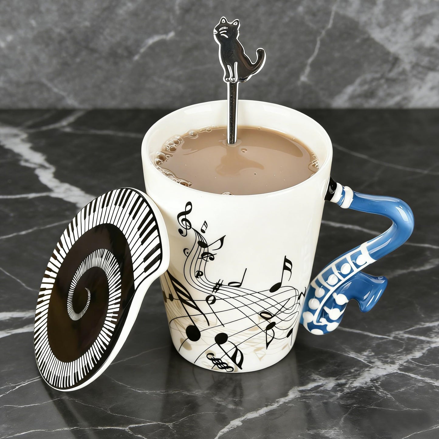 Saxophone Novelty Mug Unique Musical Gift Ceramic Tea Coffee Cup with Cool Music Themed Lid and Spoon,Birthday Holiday Gift for Musician,Women,Men,Teacher