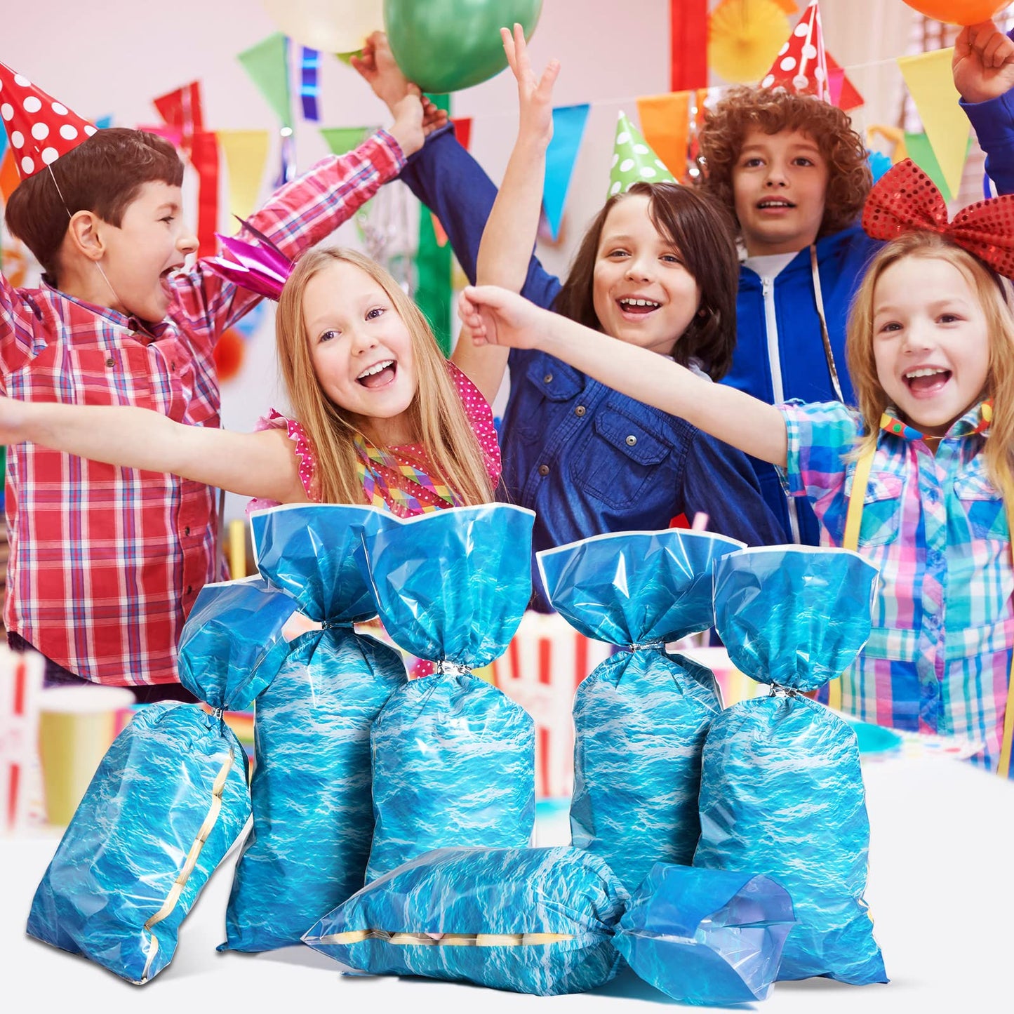 Pajean 100 Pieces Ocean Waves Cellophane Treat Bags Under the Sea Blue Ocean Party Goodie Candy Bag with 100 Twist Ties for Beach Pool Birthday Summer Mermaid Party Decoration Baby Shower Supplies