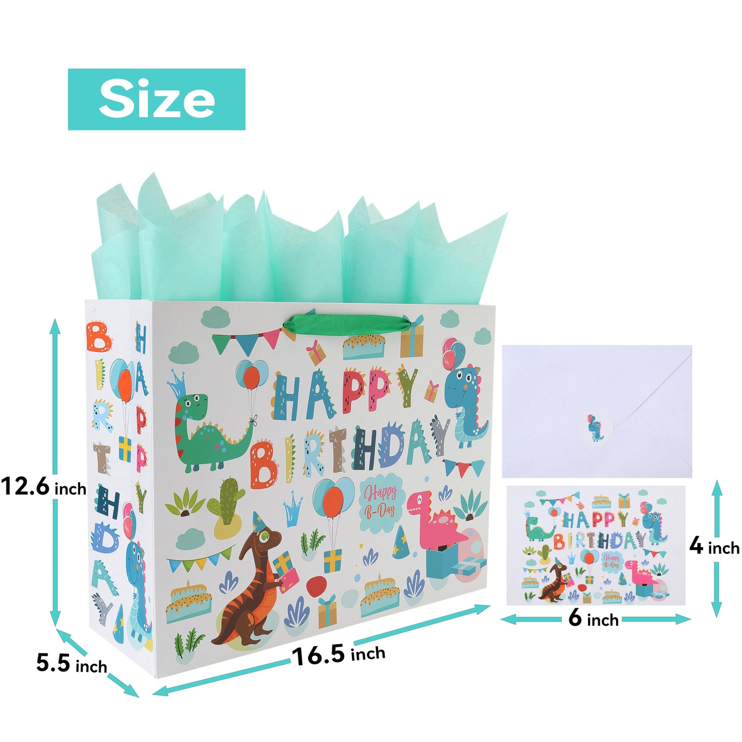 16.5” Extra Large Dinosaur Happy Birthday Gift Bag Set with Handles, Greeting Card, Tissue Papers and Stickers for 1st Birthday 2 Year Old Boys’, Girls', or Kids' Party, Newborn, New Moms or Parents, 1 Pcs
