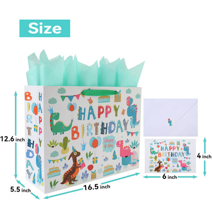 16.5” Extra Large Dinosaur Happy Birthday Gift Bag Set with Handles, Greeting Card, Tissue Papers and Stickers for 1st Birthday 2 Year Old Boys’, Girls', or Kids' Party, Newborn, New Moms or Parents, 1 Pcs