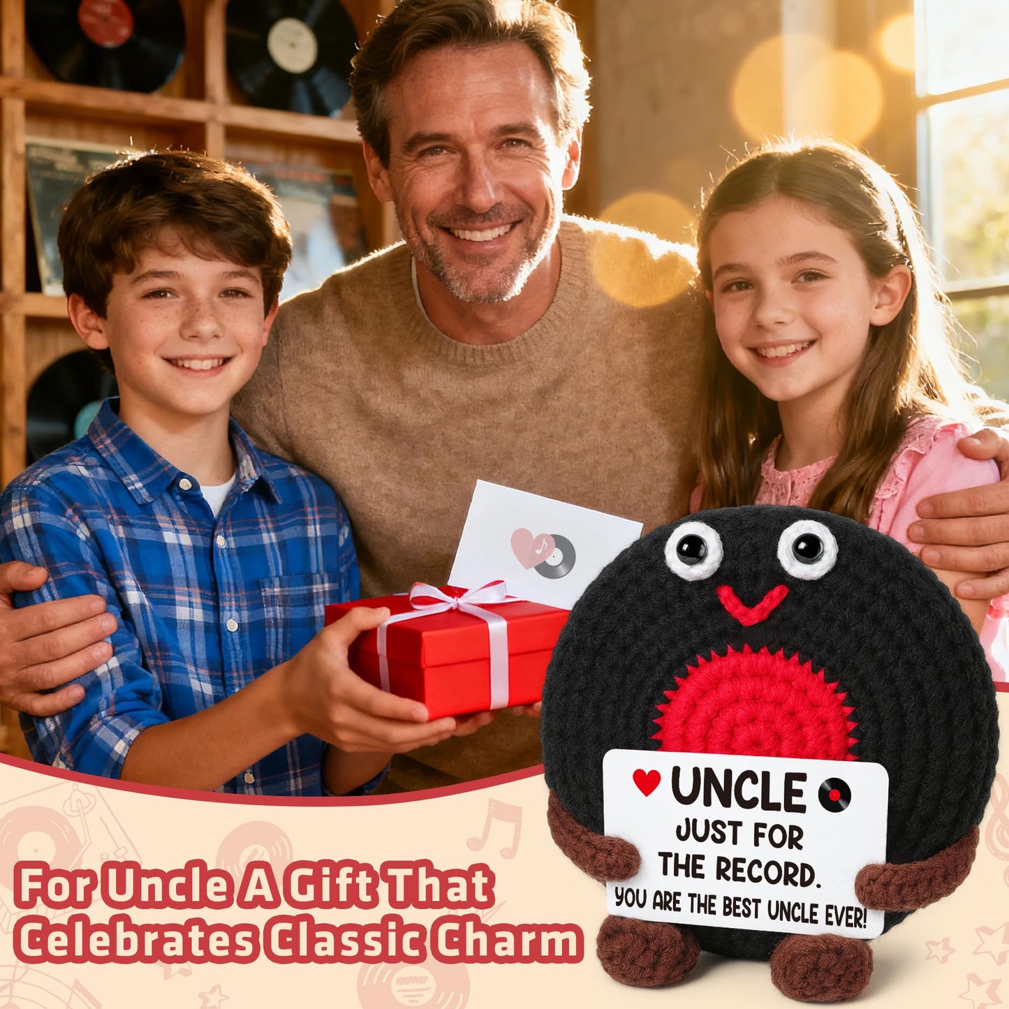 Fathers Day Uncle Gifts from Niece Nephew Best Uncle Ever Gifts Birthday Father's Day Retirement Favorite Uncles Gift from Niece Nephew Handmade Crochet Vinyl Record Music Lover Uncle's Gift