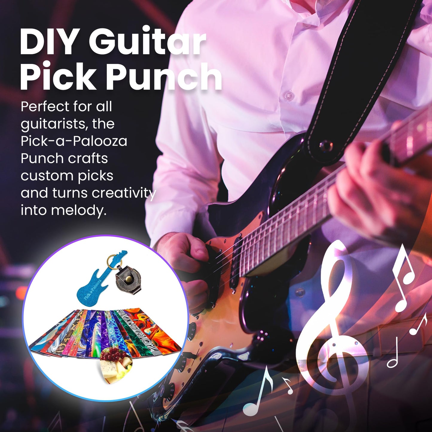 DIY Guitar Picks Punch Mega Pack - Custom Pick Maker for Musicians - Features Leather Key Chain Holder, Pick Strips with Artwork & File - Unique Gifts for Men & Women - Blue Punch