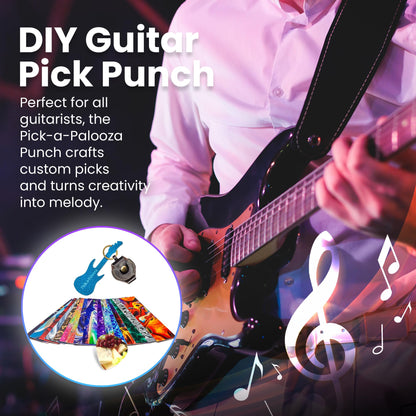 DIY Guitar Picks Punch Mega Pack - Custom Pick Maker for Musicians - Features Leather Key Chain Holder, Pick Strips with Artwork & File - Unique Gifts for Men & Women - Blue Punch