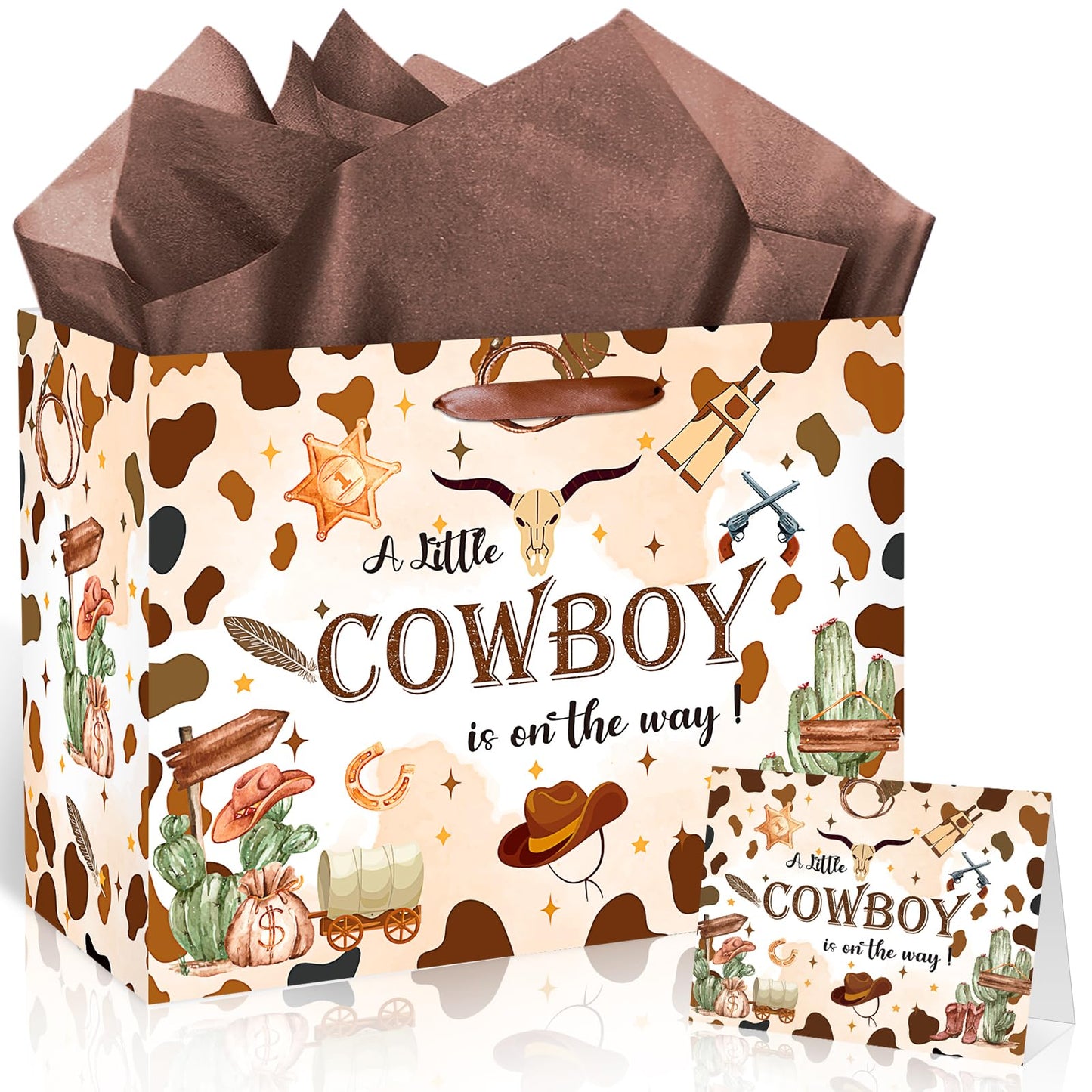 Frakron Cowboy Baby Shower Birthday Gift Bag for Baby Boys A Little Cowboy is On The Way Bag with Wrapping Paper Card Wild West Western Rodeo Gift Bag for Baby Shower Birthday Party Supplies
