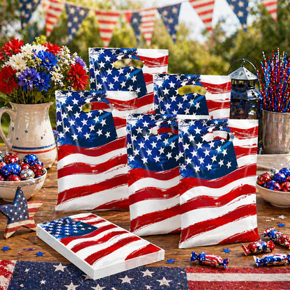 50 Pack American Flag Party Favor Bags, Patriotic Plastic Goodie Treat Gift Bags for 4th of July, Independence Day, Memorial Day, Veterans Day, USA Flag Candy Loot Bags, Patriotic Party Supplies