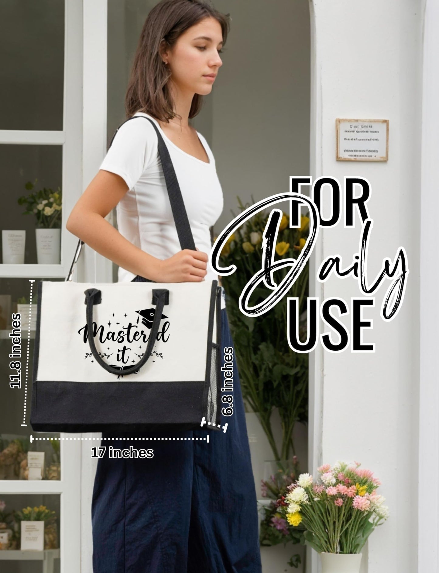 InnoBeta Masters Degree Graduation Gifts for Her Canvas Tote Bag with Top Zipper Closure and Shoulder Strap for Graduation - Master It