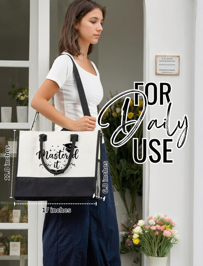 InnoBeta Masters Degree Graduation Gifts for Her Canvas Tote Bag with Top Zipper Closure and Shoulder Strap for Graduation - Master It