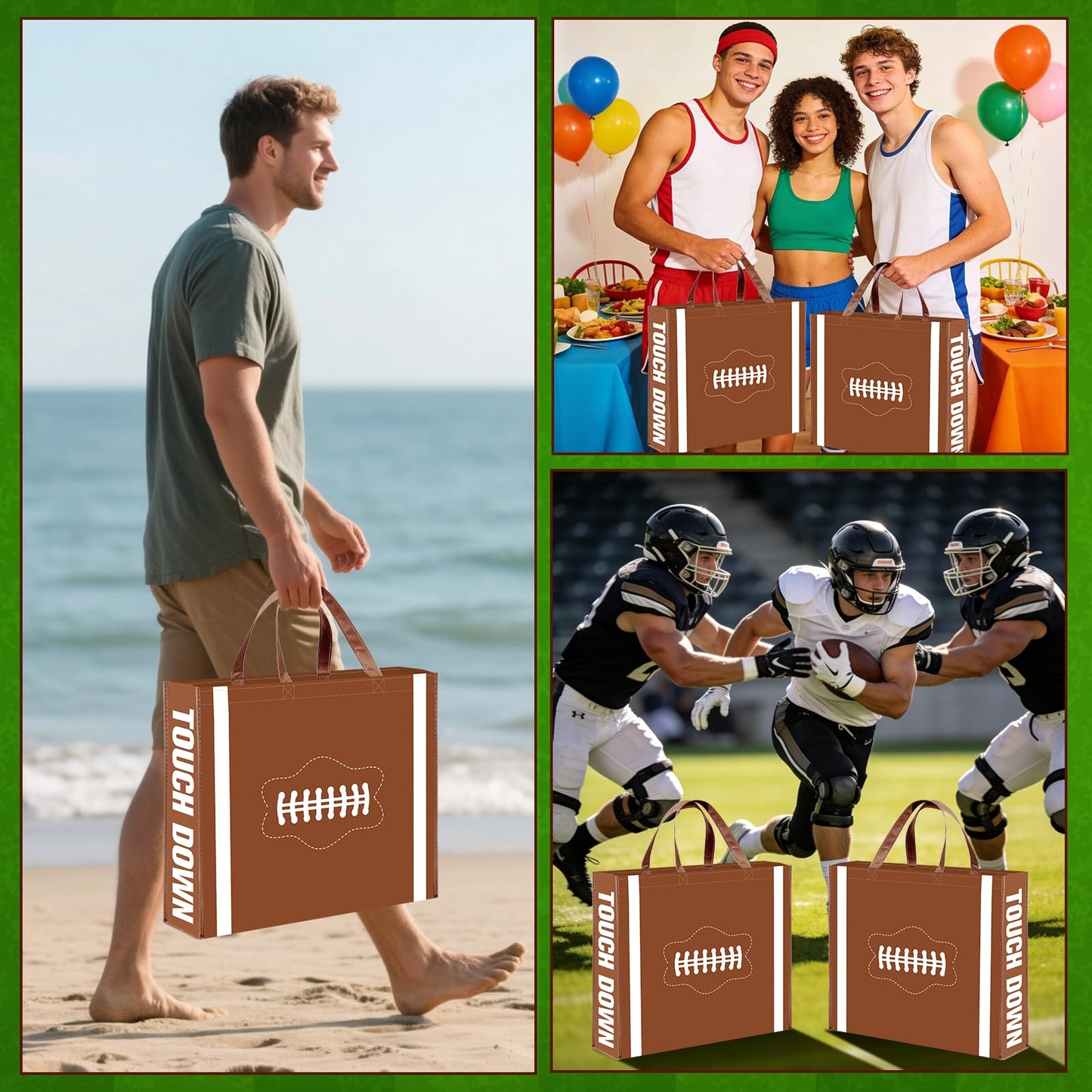 2 Pcs Extra Large Football Gift Bags, Jumbo Party Favor Bag with Handle, Large Capacity Non-Woven Pouch for Sports Supplies, Picnic, Beach, Gift Storage, Birthday, 19.7x15.8x5.1 inch (2)