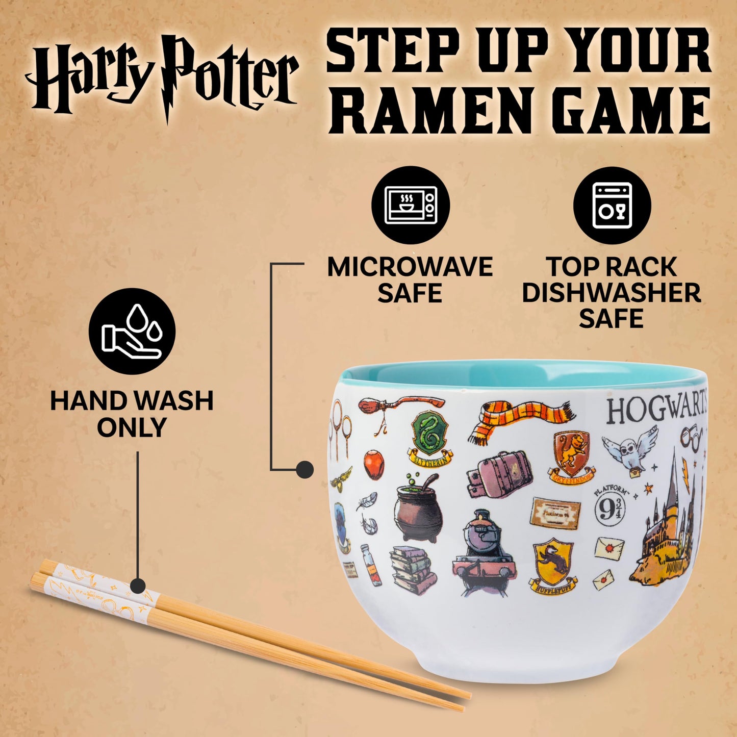 Silver Buffalo Harry Potter Icons Ceramic Ramen Noodle Rice Bowl with Chopsticks, Microwave Safe, 20 Ounces