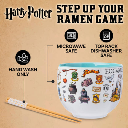 Silver Buffalo Harry Potter Icons Ceramic Ramen Noodle Rice Bowl with Chopsticks, Microwave Safe, 20 Ounces