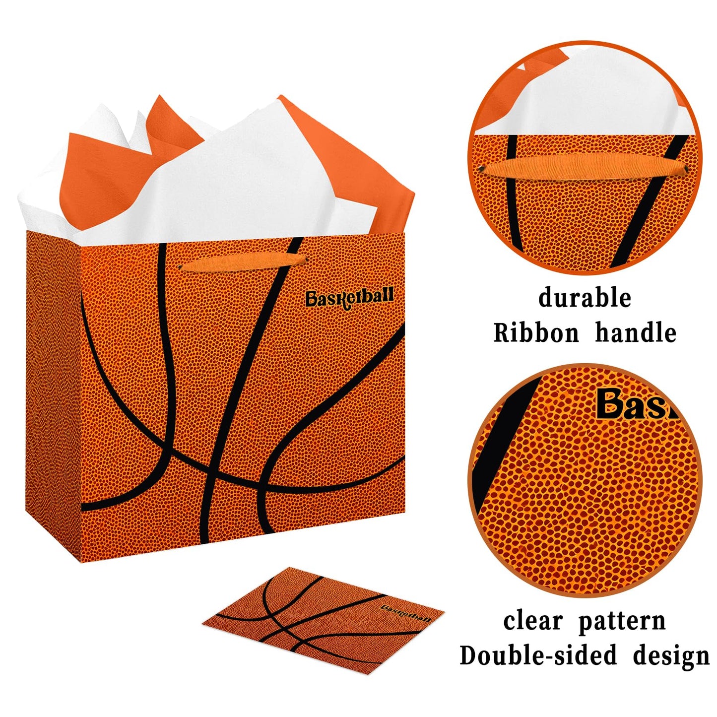 Jiaoiudi Basketball Gift Bags with Tissue Paper Greeting Card Basketball Party Bags Large with Handles Basketball Goodie Bags