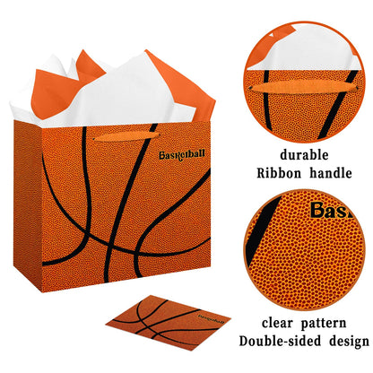 Jiaoiudi Basketball Gift Bags with Tissue Paper Greeting Card Basketball Party Bags Large with Handles Basketball Goodie Bags