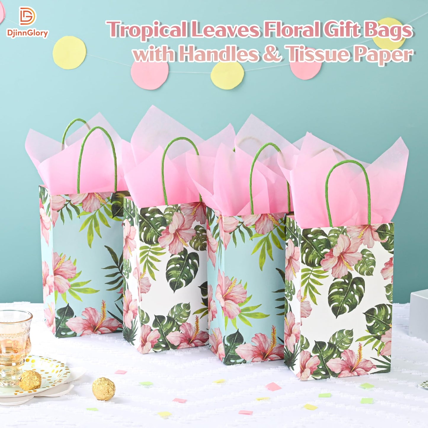 36 Pack Small Hawaiian Tropical Party Favor Gift Bags with Handles 9x5.5x3.15 Inch and 36 Pink Tissue Paper for Luau Parties, Birthdays, Weddings, Baby Showers, Bridal Showers (2 Designs Assorted)