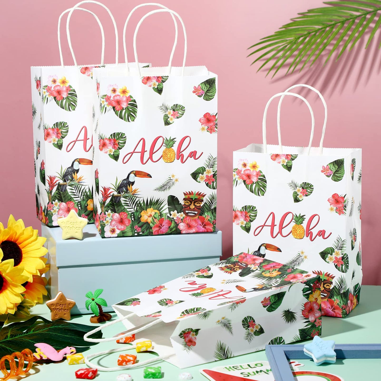Pajean 16 Pack Hawaiian Gift Bag Luau Party Summer Tropical Palm Leaf Paper Bag with Handle for Candy Treat Summer Tropical Aloha Festival Hawaiian Luau Holiday Party Supplies Favor