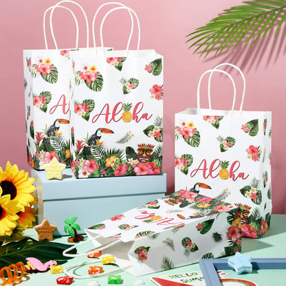 Pajean 16 Pack Hawaiian Gift Bag Luau Party Summer Tropical Palm Leaf Paper Bag with Handle for Candy Treat Summer Tropical Aloha Festival Hawaiian Luau Holiday Party Supplies Favor