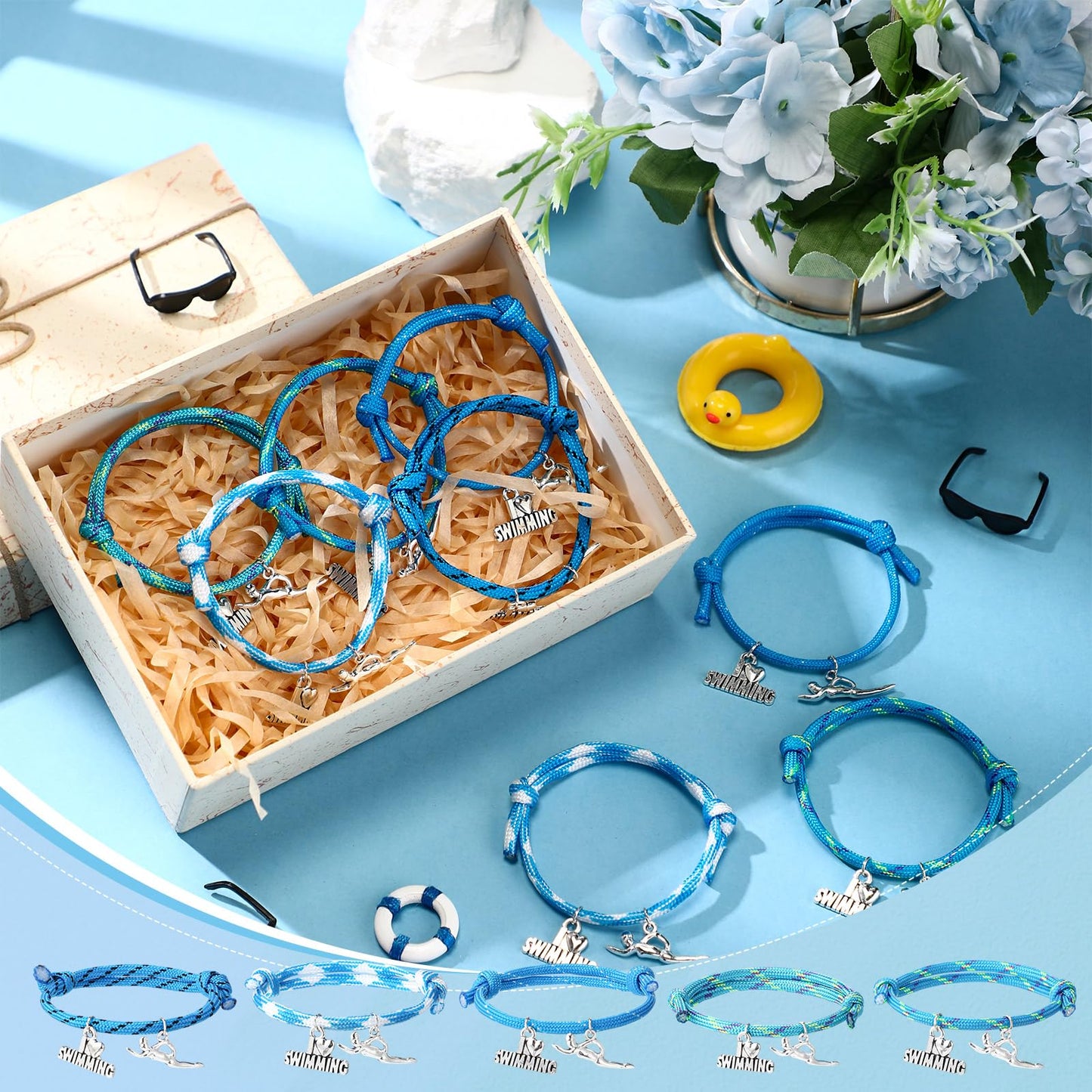 Huquary 30 Pcs Swimming Bracelets Gift Bulk Blue Swim Adjustable Braided Rope Cord with I love Swimming Charm Appreciation Supplies for Swim Team Coach Teen Swimmer Birthday Action Sport Party Favor