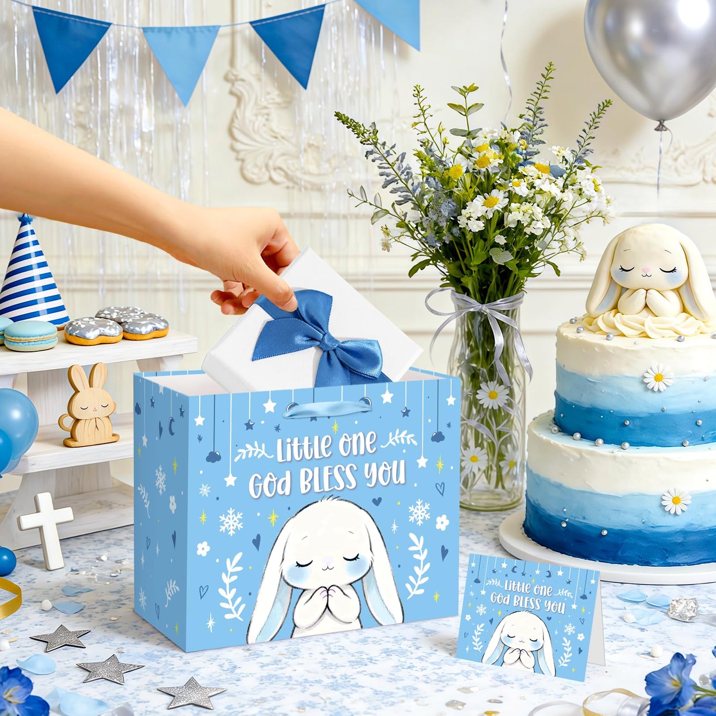 Blue Bunny Baptism Gift Bag for Baby Boys, God Bless You Religious Gift Bag with Greeting Card and Tissue Paper Christening First Holy Communion Party Supplies Boy Baptism Wrapping Paper Bag 11.8"