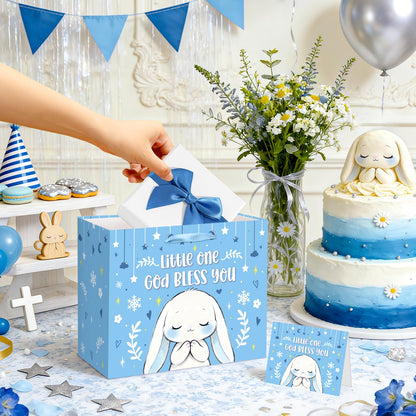 Blue Bunny Baptism Gift Bag for Baby Boys, God Bless You Religious Gift Bag with Greeting Card and Tissue Paper Christening First Holy Communion Party Supplies Boy Baptism Wrapping Paper Bag 11.8"