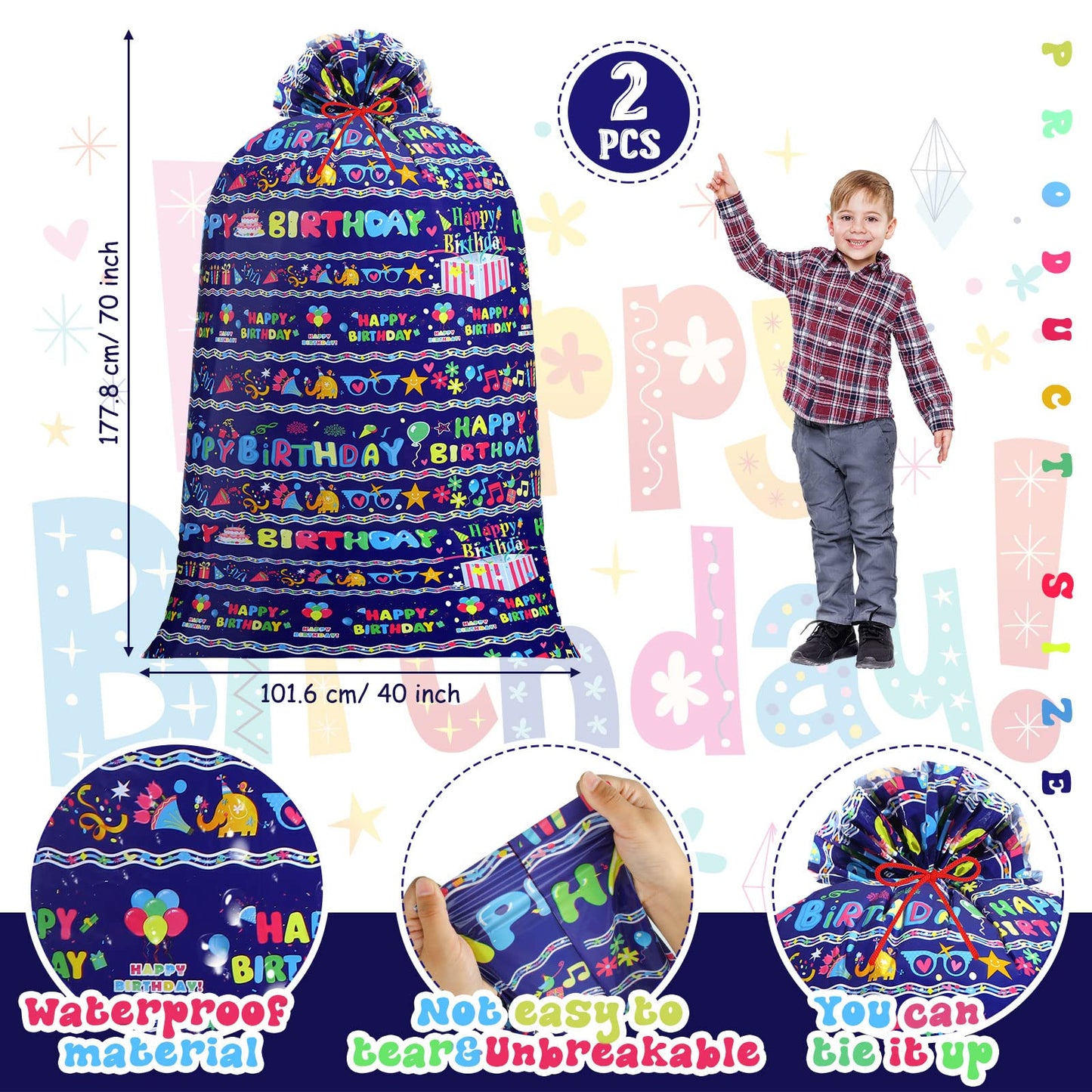 Leinuosen 2 Pcs 70 Inches Jumbo Gift Bag for Baby Shower Extra Large Oversized Plastic Gift Bags with Ropes for Birthday Party Baby Shower Favors(Purple Birthday)