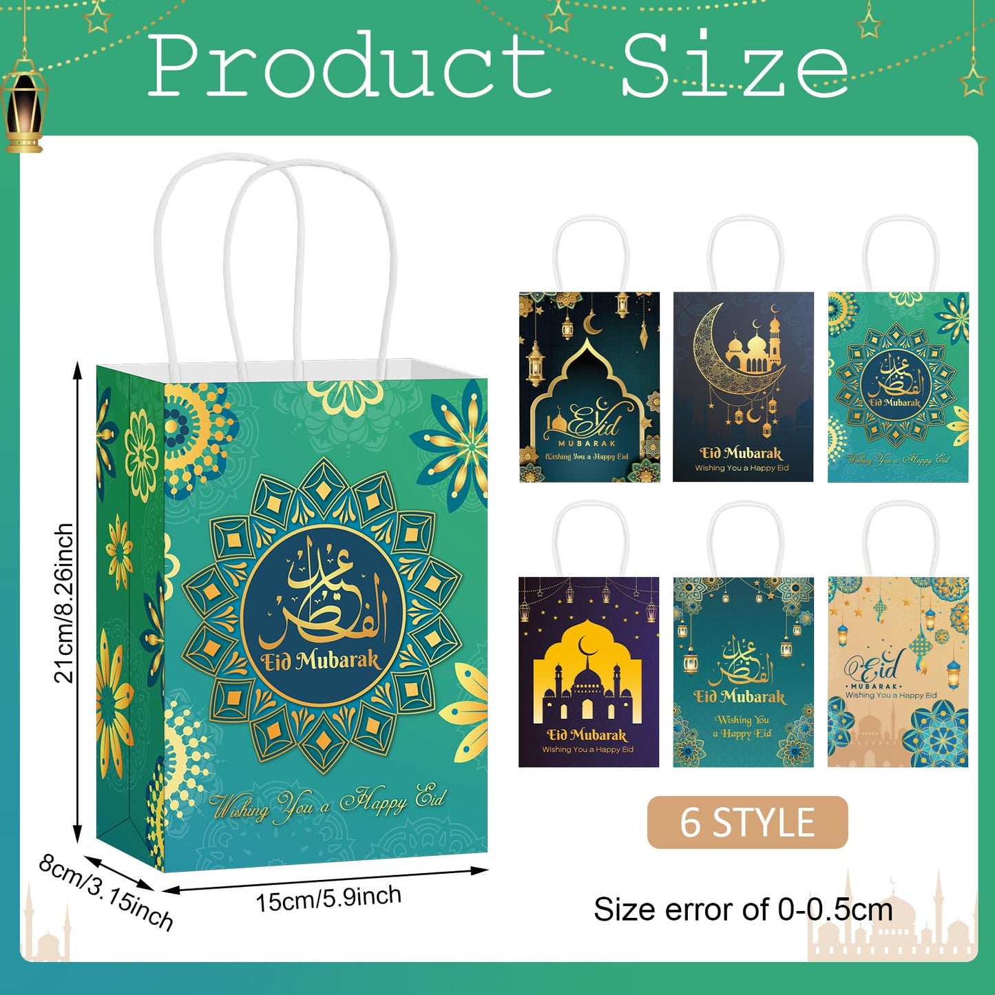 Cholemy 30 Pcs Eid Mubarak Gift Paper Bags with Handles Ramadan Gift Muslim Party Goody Treat Bags for Eid Mubarak Holiday Party Favor Supplies Decor Candy Gifts