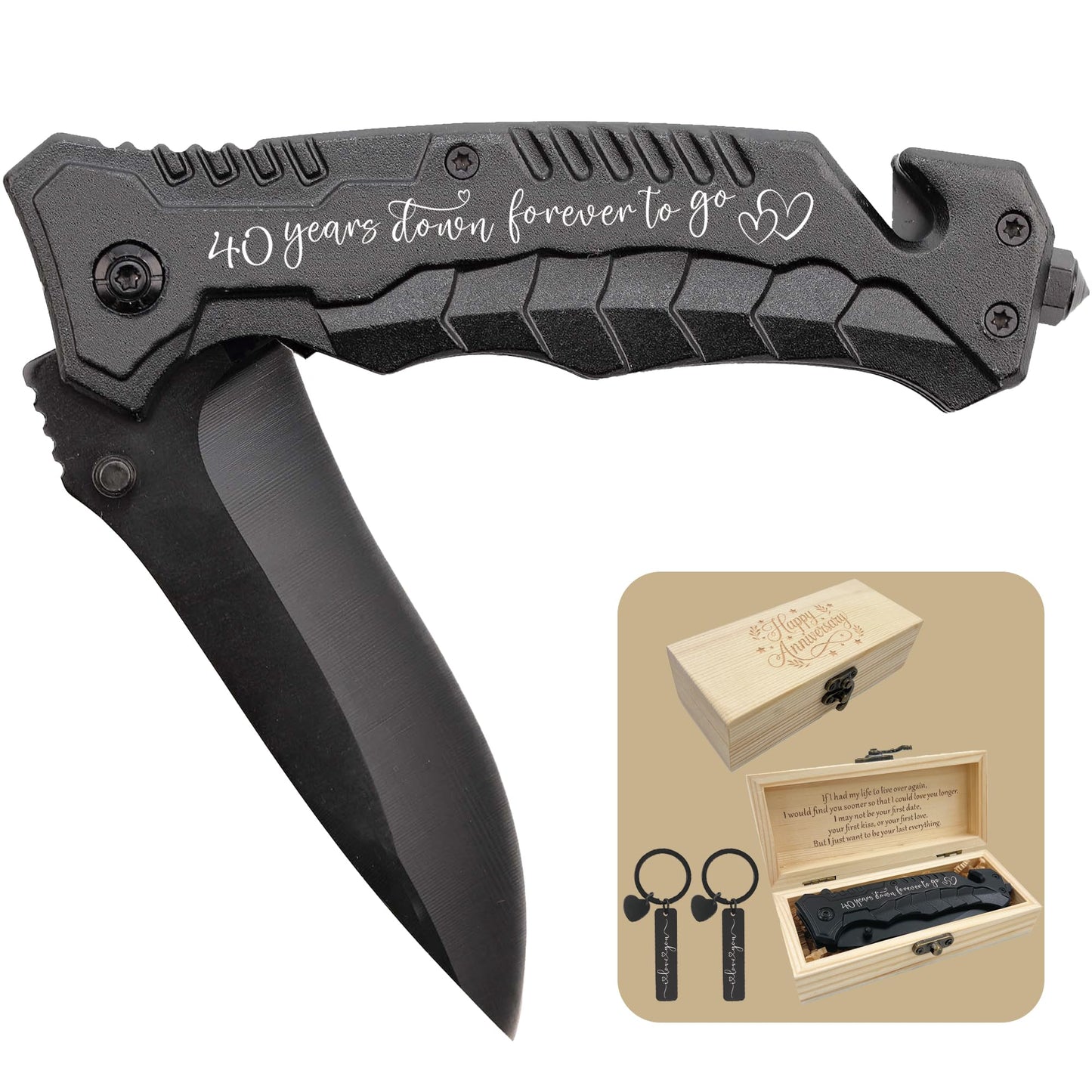40 Years Wedding Anniversary Keepsake Him, 40th Ruby Anniversary Present for Husband, 40 Years Marriage Men Gift Idea, Engraved Pocket Knife with Wood Box, Hunting, Camping, Fishing, Folding Knives