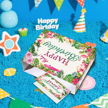 EIGHTSTATES Hawaiian Birthday Gift Bag Large Aloha Happy Birthday Party Decorations - Tropical Summer Beach Pool Party Favor Supplies - Includes Tissue Papers & Greeting Card - Luau Theme Gift Bags