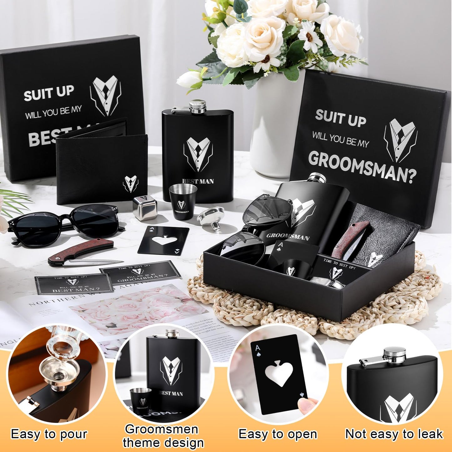 Mimorou 66 Pcs Groomsmen Proposal Gifts - Shot Glasses, Stainless Steel Ice, Flask, Funnel, Gift Boxes, Sunglasses, Knives, Bottle Opener, Cards, Wallets for Wedding Groomsmen Present Set