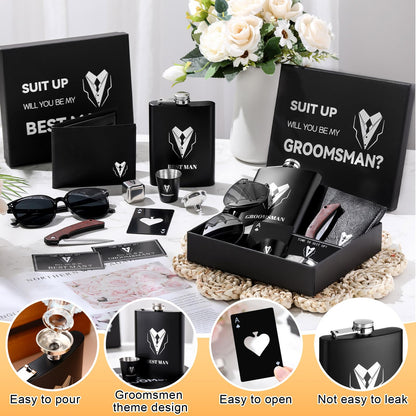 Mimorou 66 Pcs Groomsmen Proposal Gifts - Shot Glasses, Stainless Steel Ice, Flask, Funnel, Gift Boxes, Sunglasses, Knives, Bottle Opener, Cards, Wallets for Wedding Groomsmen Present Set