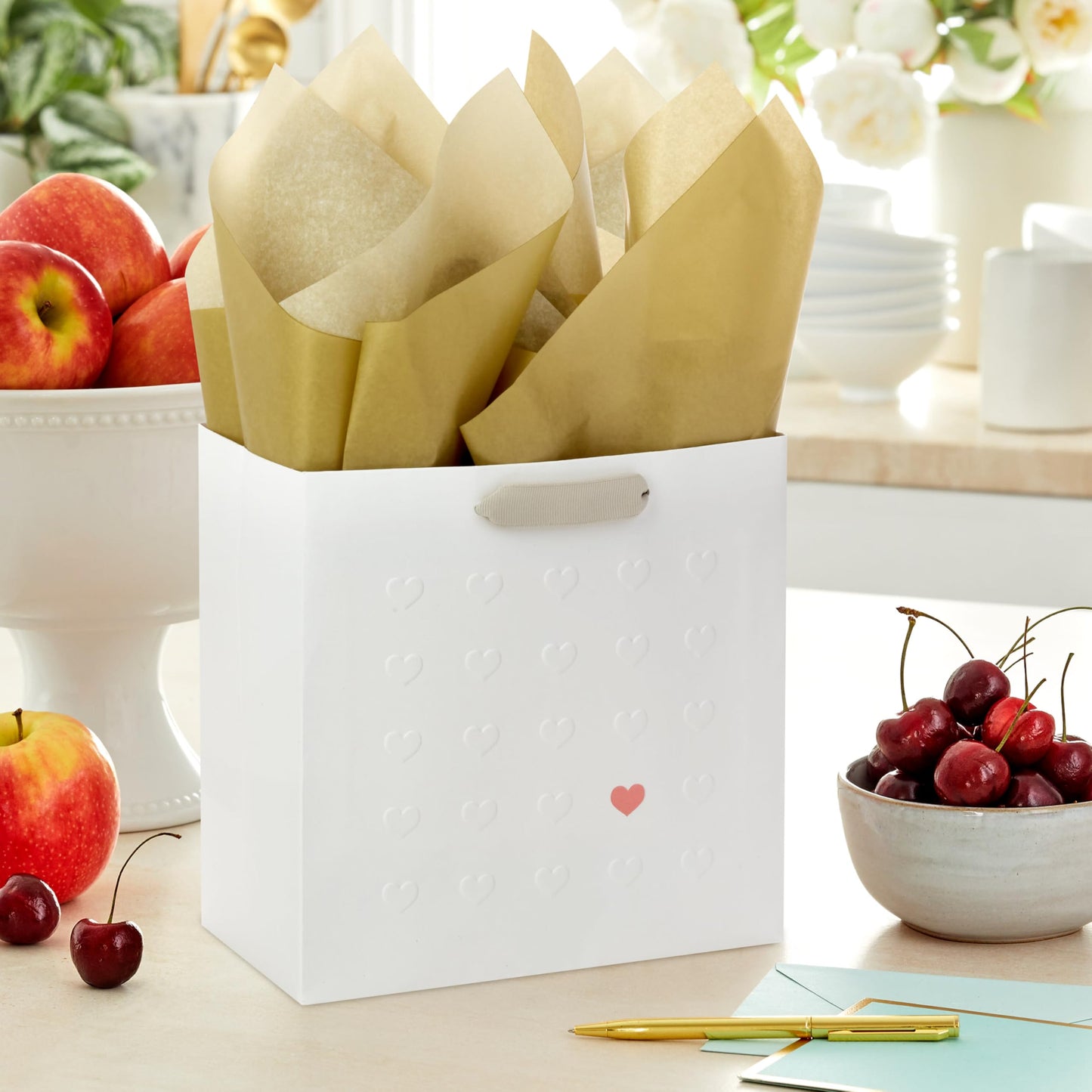Hallmark Signature Studio 7" Medium Gift Bag with Tissue Paper (Embossed Hearts, White, Pink, Gold) for Valentine's Day, Birthdays, Mother's Day, Baby Showers, Bridal Showers