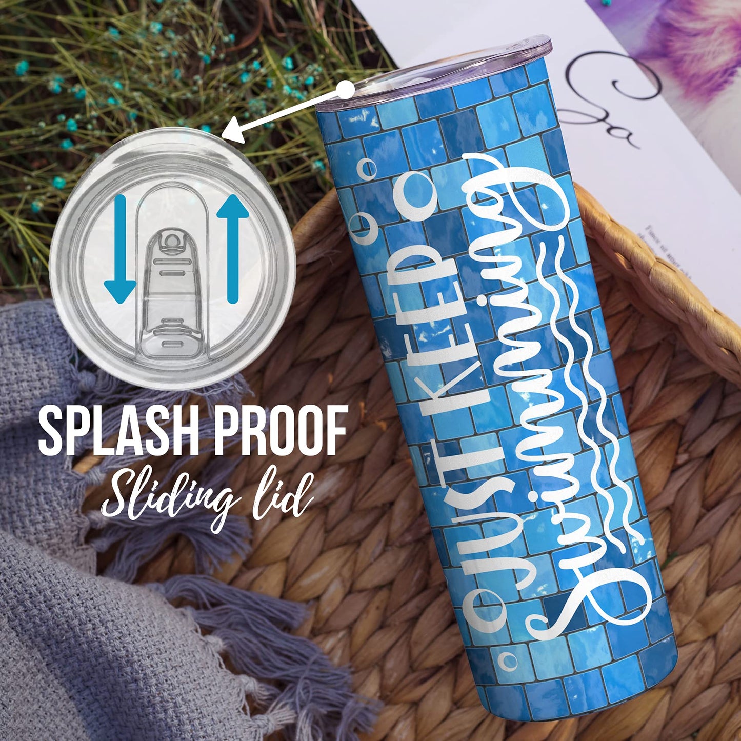 Onebttl Swimming Gifts, Swimmer Stainless Steel 20oz Skinny Tumbler for Women, Men, Teen Girls, Teammate, Coach, Swimming Pool Tiles - Just Keep Swimming