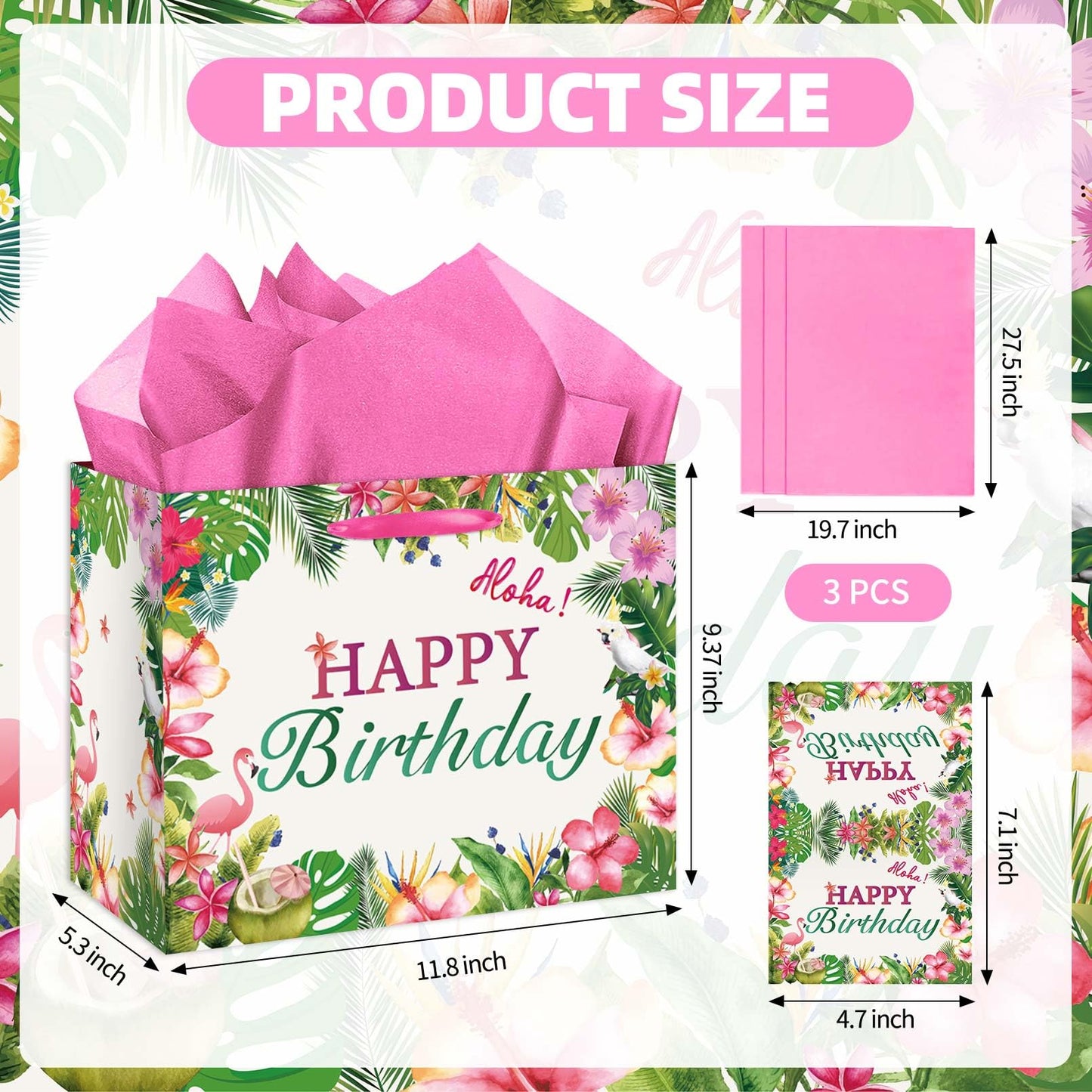 EIGHTSTATES Hawaiian Birthday Gift Bag Large Aloha Happy Birthday Party Decorations - Tropical Summer Beach Pool Party Favor Supplies - Includes Tissue Papers & Greeting Card - Luau Theme Gift Bags