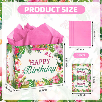 EIGHTSTATES Hawaiian Birthday Gift Bag Large Aloha Happy Birthday Party Decorations - Tropical Summer Beach Pool Party Favor Supplies - Includes Tissue Papers & Greeting Card - Luau Theme Gift Bags