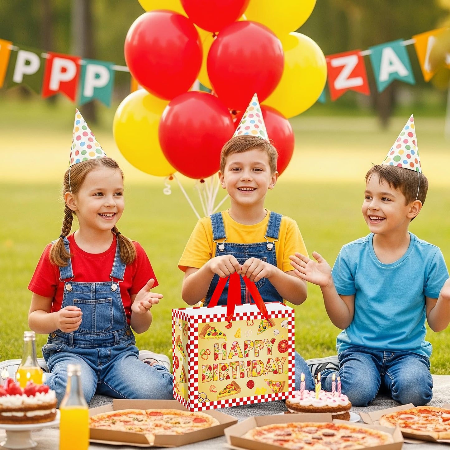 Woosytoo Pizza Birthday Decorations Bag Large Pizza Happy Birthday Paper Bag with Tissue Paper Card Pizza Bday Party Supplies for Kids Festival Bday Cooking Italy Theme Party Supplies