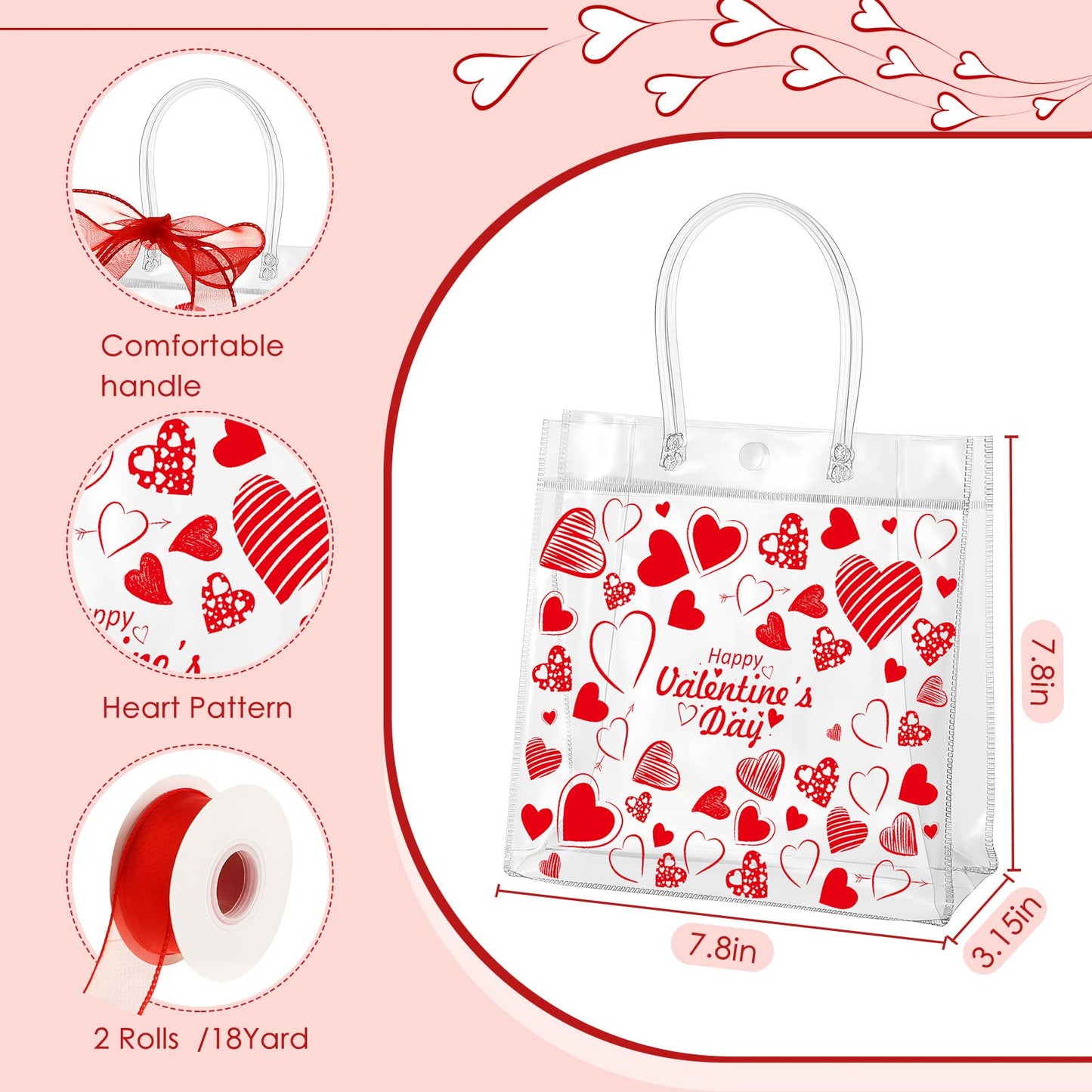 Amylove 24 Pcs Valentines Gift Bags Bulk Valentines Day Clear Gift Bags Bulk Valentine Clear PVC Goodie Bag with Handles Galentines Day Party Favors (Stylish,Red)