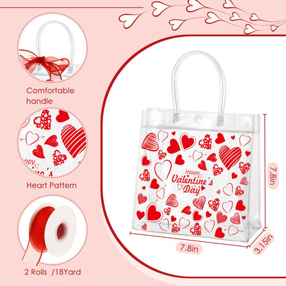 Amylove 24 Pcs Valentines Gift Bags Bulk Valentines Day Clear Gift Bags Bulk Valentine Clear PVC Goodie Bag with Handles Galentines Day Party Favors (Stylish,Red)