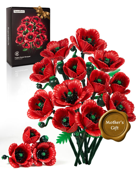 iATOM Red Poppy Flower Bouquet Building Set, 12Pcs Artificial Botanical Collection for Adults - Gift for Mother's Day for Her/Mom/Girlfriend/Wife/Couple, Home Table Centerpiece Decor Aesthetic