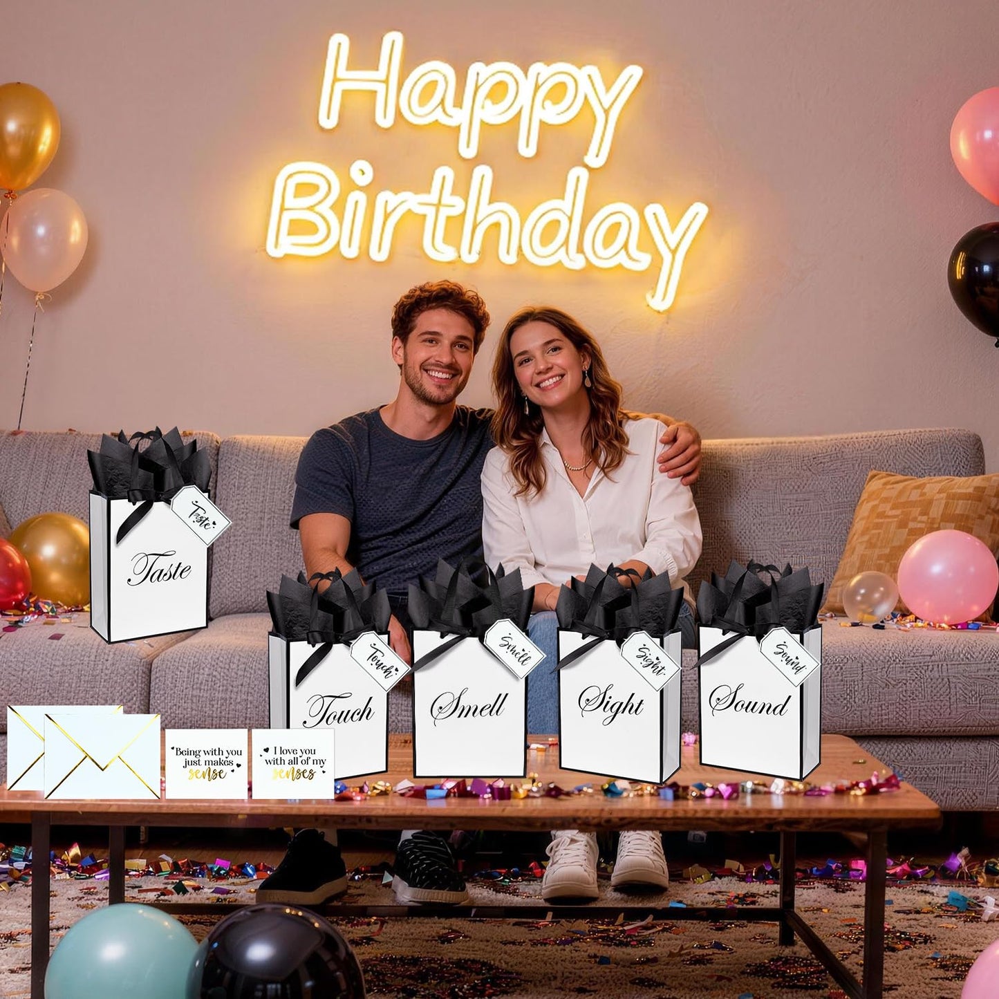 Nimbbex 5 Senses Gift Bags for Him Her with Labels & Ribbon, Five Senses Gift Bags with Handle, Envelopes and Cards for Birthday, Anniversary, Mother's Day, Valentine's Day 9 x 7 x 3.2 Inches (White)