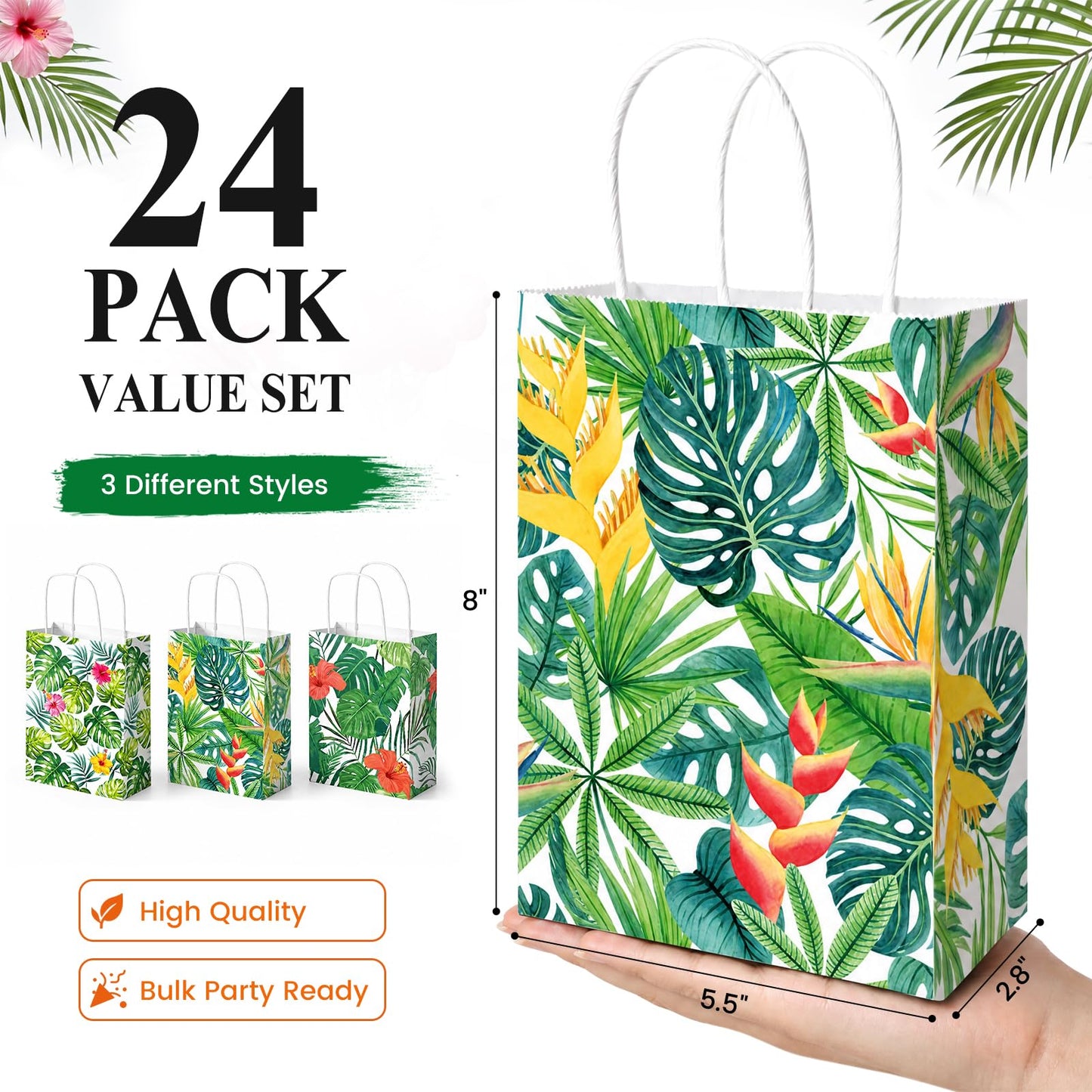 VGOODALL 24 Pack Party Favor Bags with Handles, 5.5" x 2.8" x 8" Hawaii Luau Goodie Treat Bags for Aloha Festival Beach Theme Birthdays Pool Parties Bulk Gift Packaging Supplies