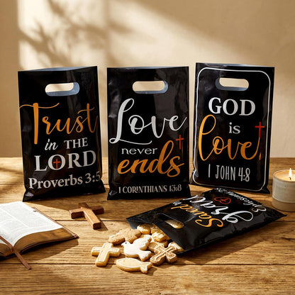 Pasimy 100 Pcs Christian Gift Bags Bulk 6.7 x 9.8 In Plastic Bible Verse Religious Goodie Bags Inspirational Scripture Treat Candy Party Favor Pouch for Church Jesus Birthday Gifts(Black,Elegant)