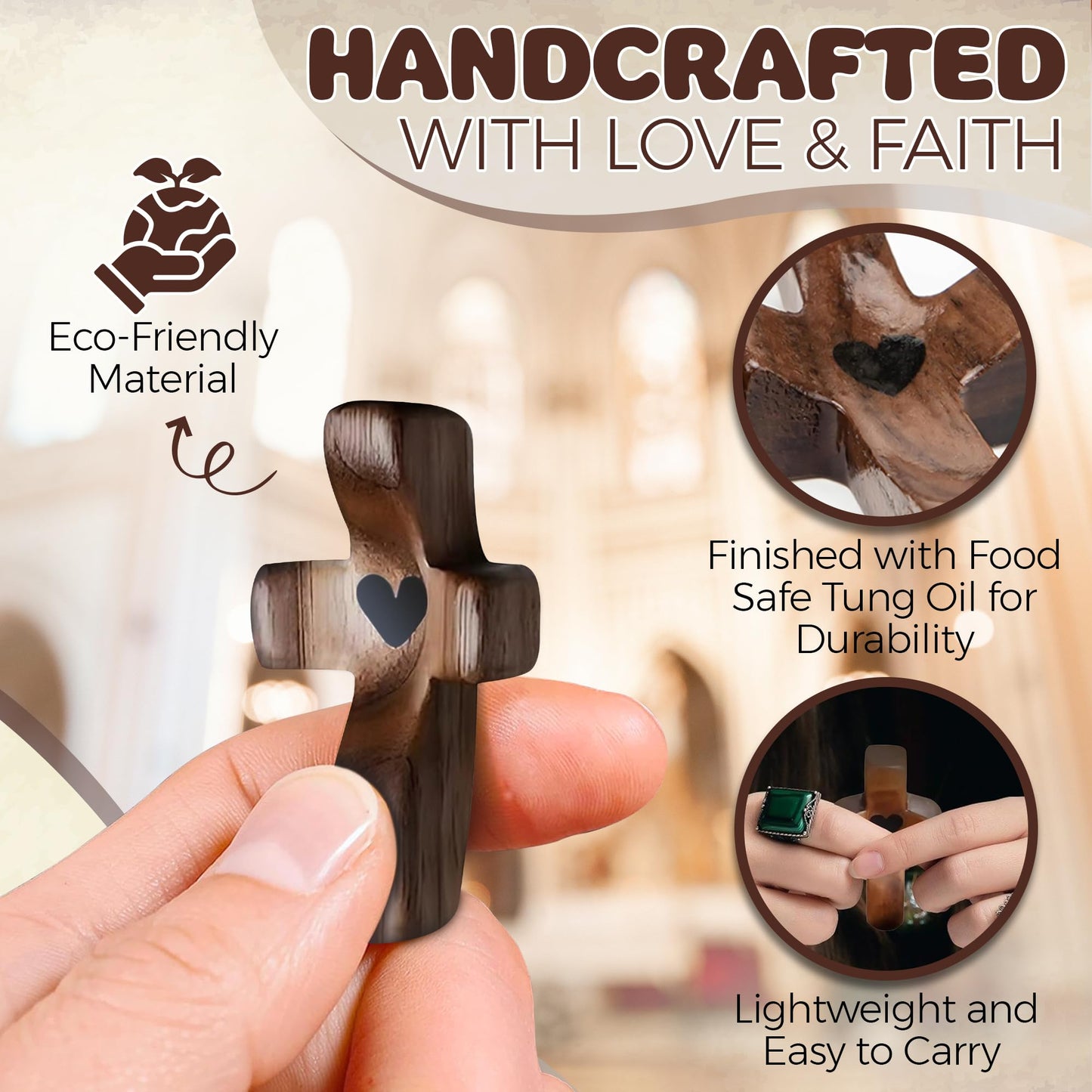 Cross My Heart,Wooden Cross,Encouragement Gift Stress Relief Cross,Prayer Cross for Hand,Pocket Cross Christian Gifts for Women and Fidget Toys for Children and Adults(Black 1Pcs