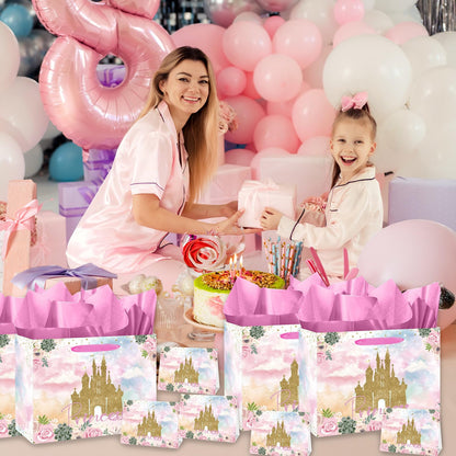 Large Princess Gift Bag Princess Castle Party Favor Bag with Tissue Paper and Cards Princess Candy Goodie Bags Prince Princess Treat Gift Wrapping Paper Bags for Girl Birthday Party Decorations