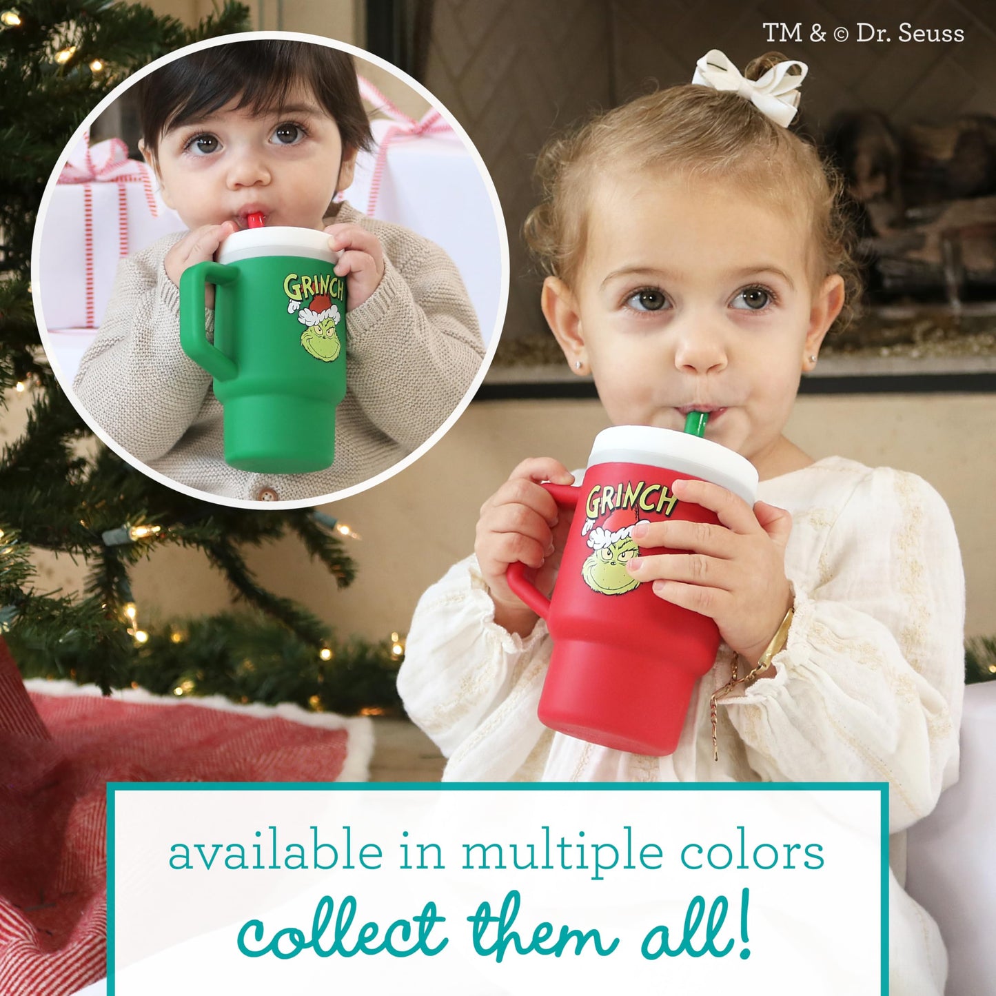 Infantino My 1st Tumbler, 9 Oz. Silicone Sippy Cup with Straw & Handle, Spill-Resistant Baby Cup for On-the-Go, BPA-Free Transition Bottle, Red Grinch