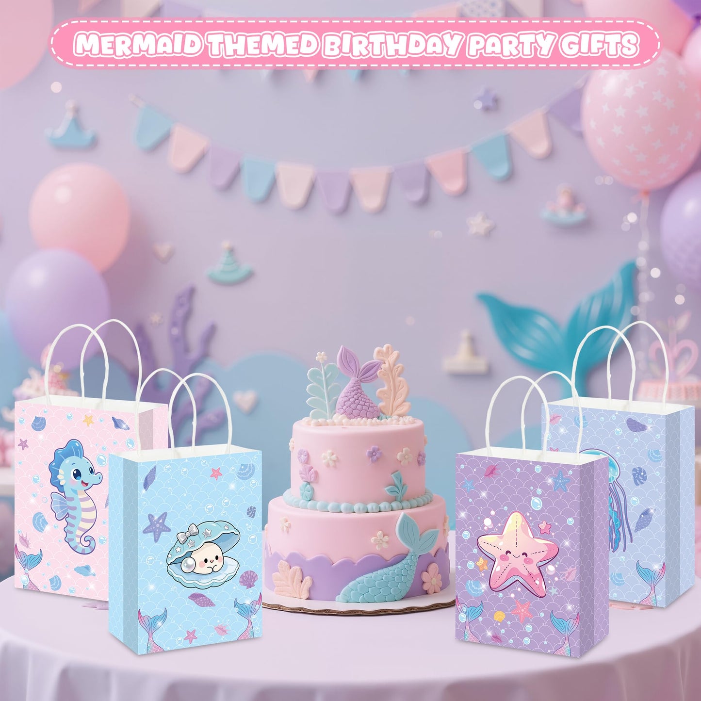 Pineraap 24Pcs Ocean Animals Party Favor Bags with Handles, Mermaid Gift Goodie Treat Paper Bags, Under the Sea Theme Gift Paper Bag for Girls Boys Kids Birthday, Mermaid Theme Party, Baby Shower
