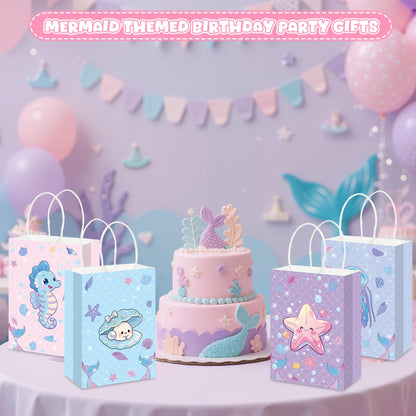 Pineraap 24Pcs Ocean Animals Party Favor Bags with Handles, Mermaid Gift Goodie Treat Paper Bags, Under the Sea Theme Gift Paper Bag for Girls Boys Kids Birthday, Mermaid Theme Party, Baby Shower