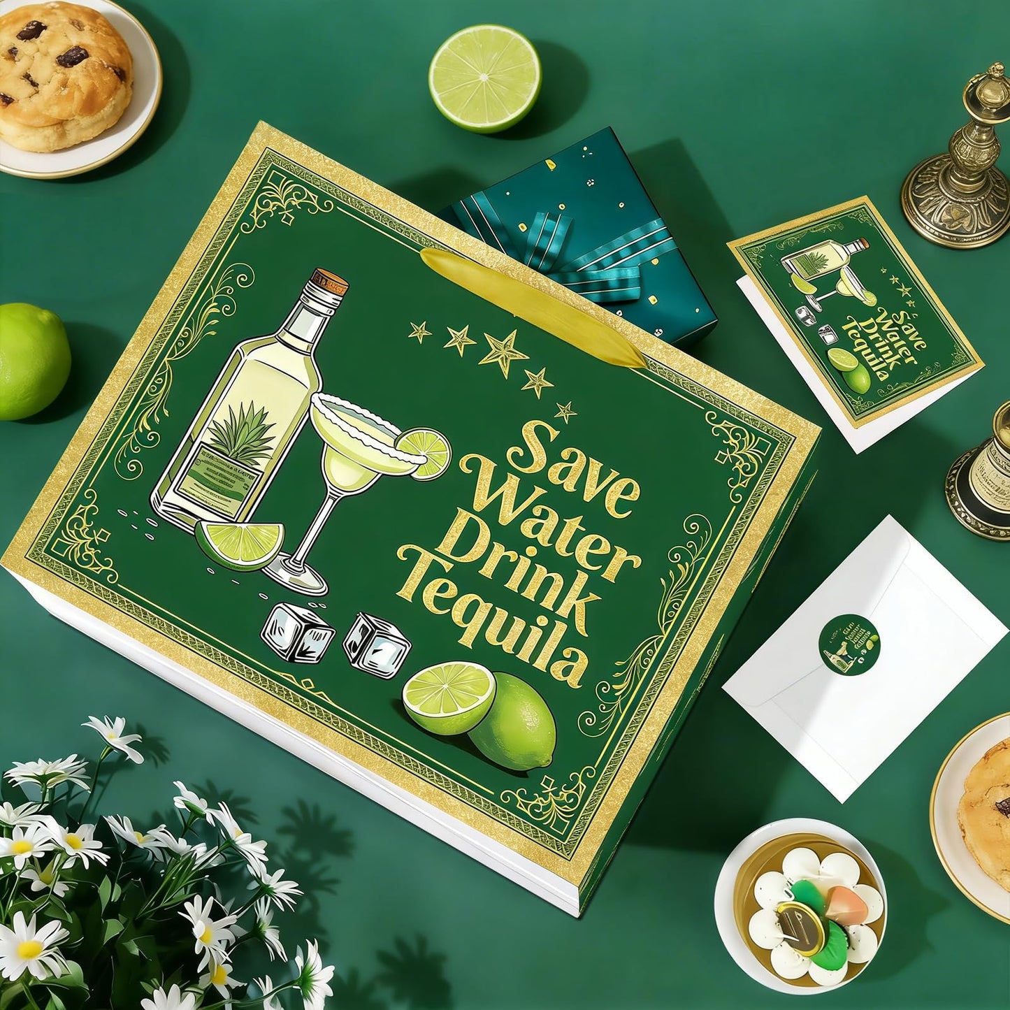 Green Gold Tequila Gift Bag, Margarita All-in-One Set with Greeting Card, Sticker, Envelope, and Tissue Paper, Funny Cocktail Gifts Wrap for Birthday, 21st, Bachelorette, Cinco de Mayo, Mexican Fiesta